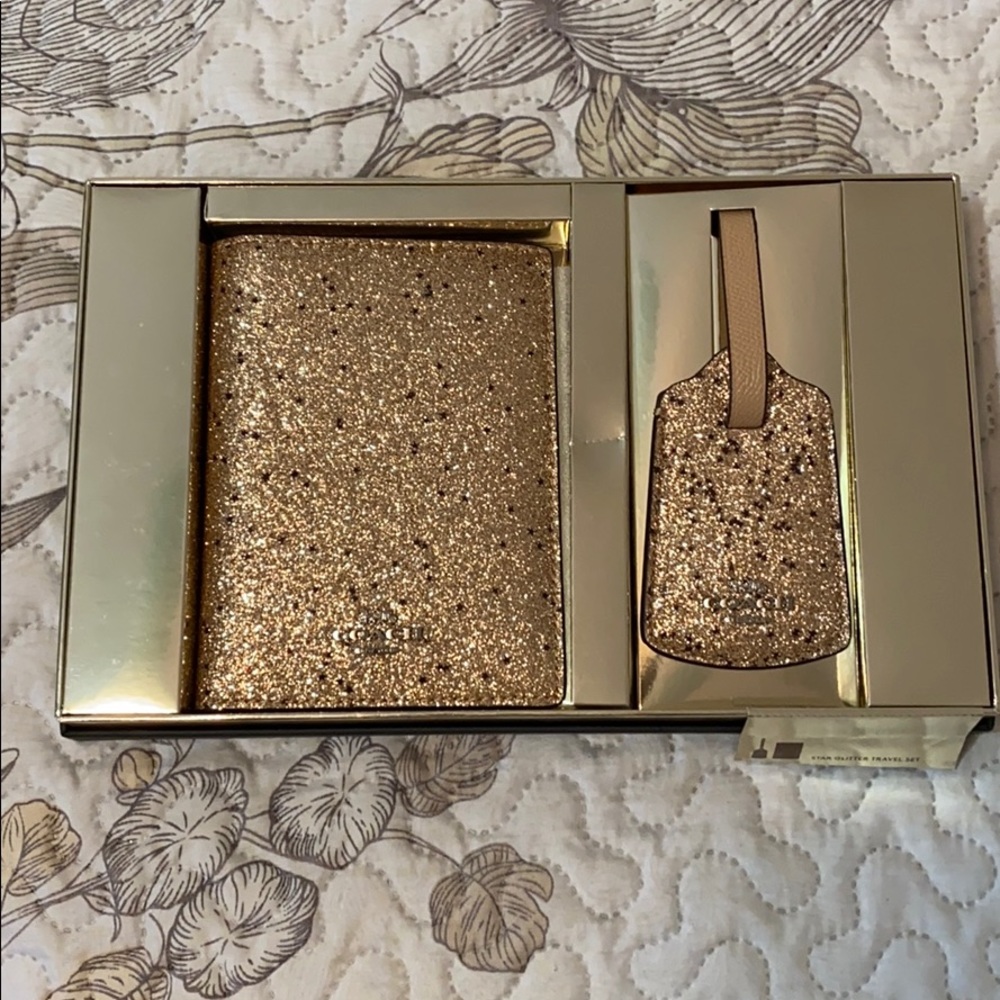 Coach Gold Glitter Passport Wallet & Luggage Tag